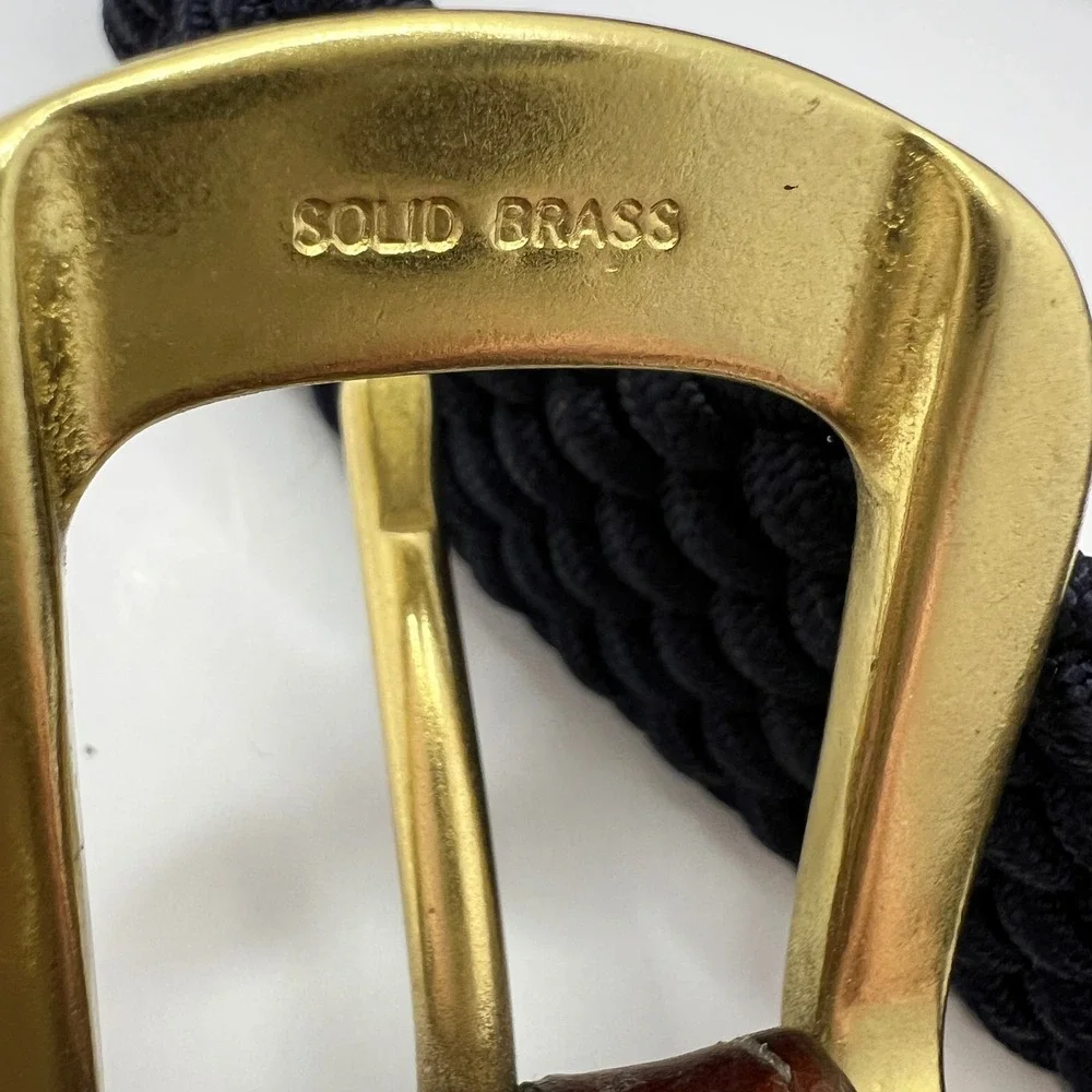 Brighton Navy Braided Cord Brown‎ Croc Leather Belt Solid Brass Buckle USA